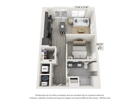 Floor plan for 1 bed, 1 bath, 667 sqft